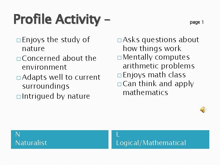 Profile Activity – � Enjoys the study of nature � Concerned about the environment