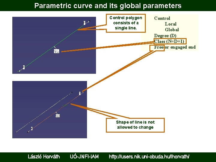 Parametric curve and its global parameters Control polygon consists of a single line. Control