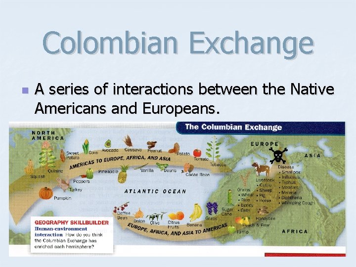 Colombian Exchange n A series of interactions between the Native Americans and Europeans. 