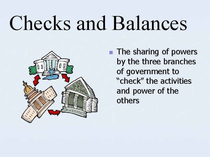 Checks and Balances n The sharing of powers by the three branches of government