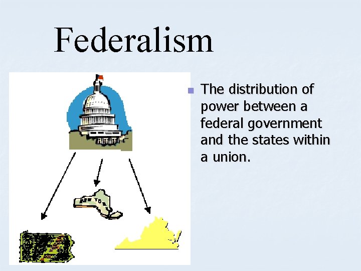 Federalism n The distribution of power between a federal government and the states within