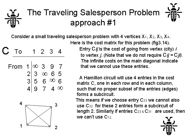 The Traveling Salesperson Problem approach #1 Consider a small traveling salesperson problem with 4