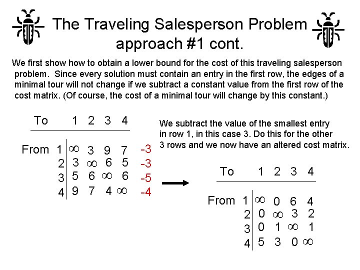The Traveling Salesperson Problem approach #1 cont. We first show to obtain a lower