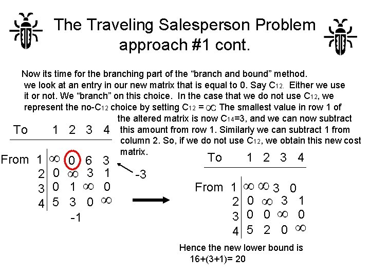 The Traveling Salesperson Problem approach #1 cont. Now its time for the branching part