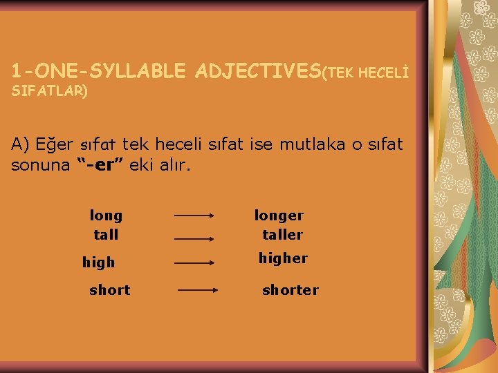 1 -ONE-SYLLABLE ADJECTIVES(TEK HECELİ SIFATLAR) A) Eğer sıfat tek heceli sıfat ise mutlaka o