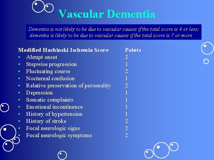 Vascular Dementia is not likely to be due to vascular causes if the total