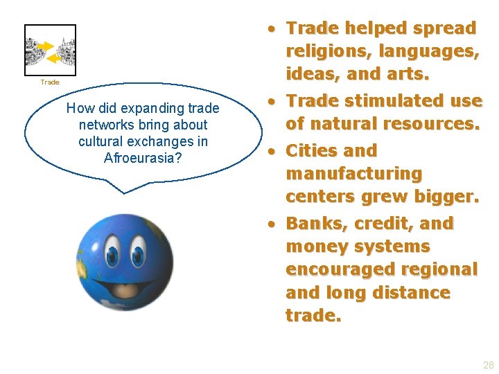  • Trade helped spread religions, languages, ideas, and arts. Trade How did expanding