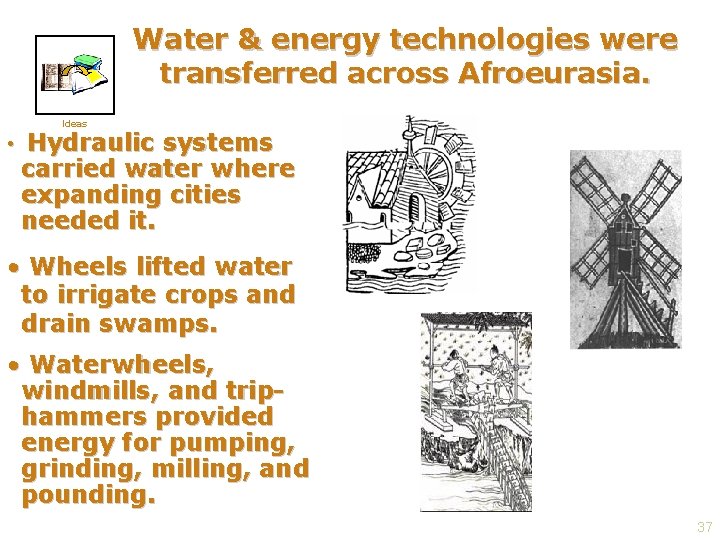 Water & energy technologies were transferred across Afroeurasia. Ideas • Hydraulic systems carried water