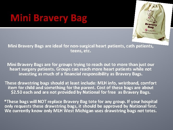 Mini Bravery Bags are ideal for non-surgical heart patients, cath patients, teens, etc. Mini