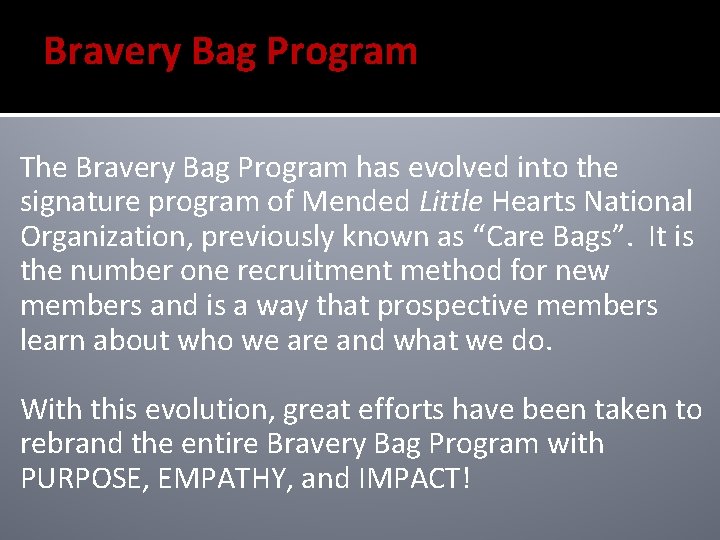 Bravery Bag Program The Bravery Bag Program has evolved into the signature program of