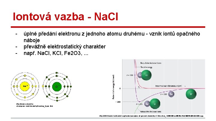 Iontová vazba - Na. Cl - úplné předání elektronu z jednoho atomu druhému -