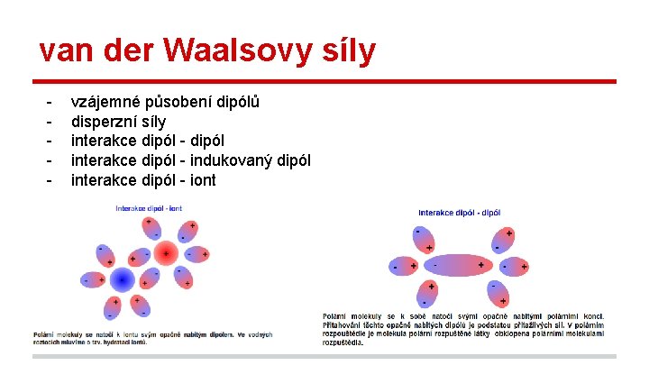 van der Waalsovy síly - vzájemné působení dipólů disperzní síly interakce dipól - dipól
