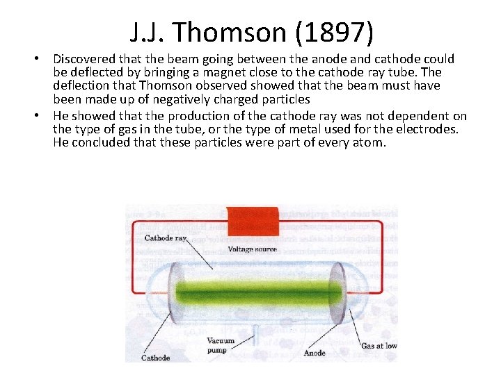 J. J. Thomson (1897) • Discovered that the beam going between the anode and