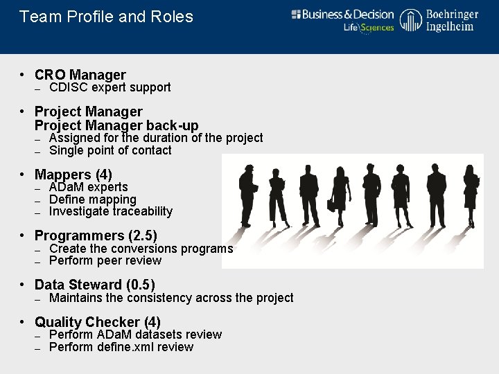 Team Profile and Roles • CRO Manager – CDISC expert support • Project Manager