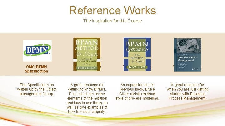 Reference Works The Inspiration for this Course OMG BPMN Specification Your Text Here The