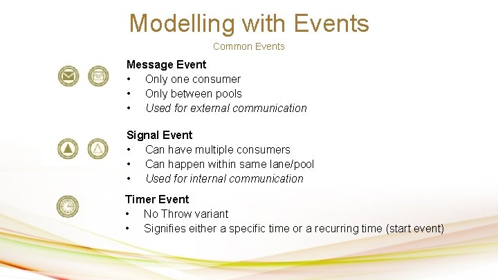 Modelling with Events Common Events Message Event • Only one consumer • Only between
