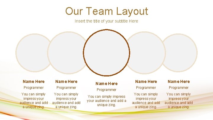 Our Team Layout Insert the title of your subtitle Here Name Here Programmer You