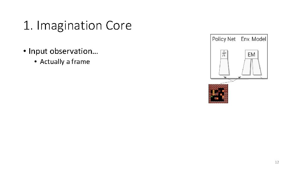 1. Imagination Core • Input observation… • Actually a frame 12 