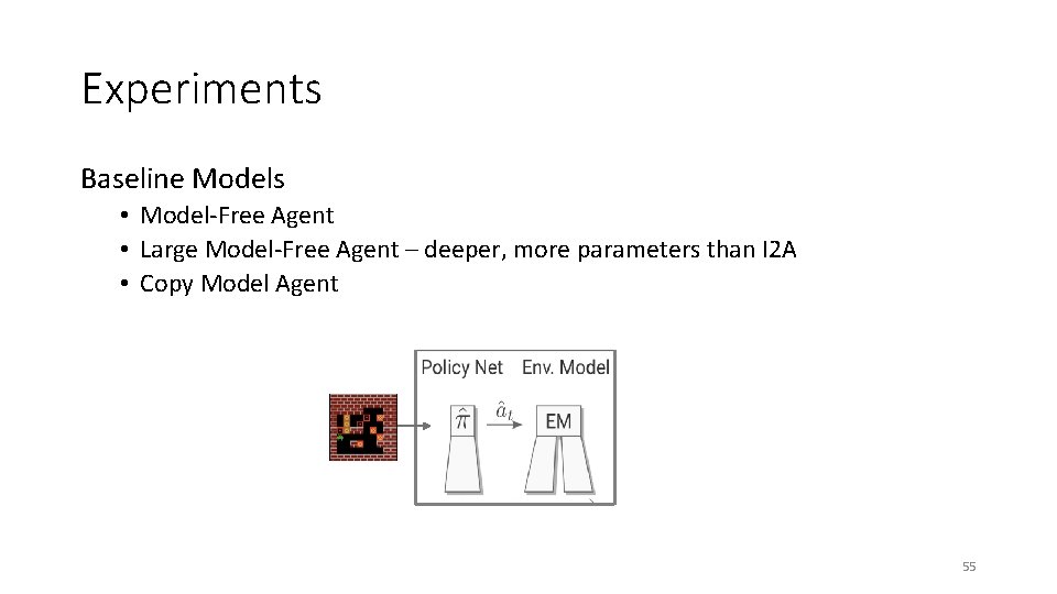 Experiments Baseline Models • Model-Free Agent • Large Model-Free Agent – deeper, more parameters