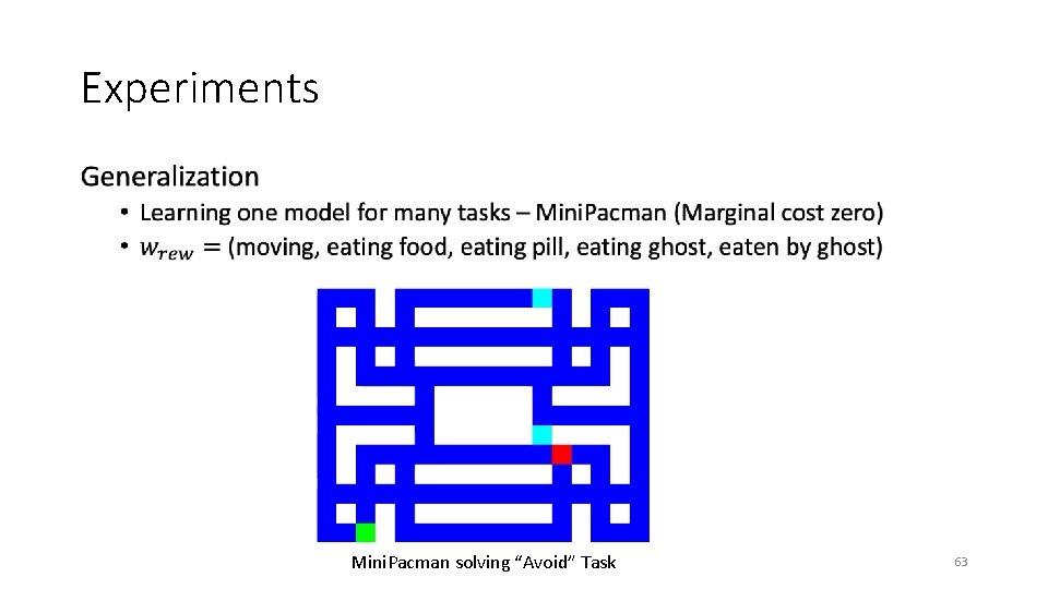 Experiments • Mini. Pacman solving “Avoid” Task 63 