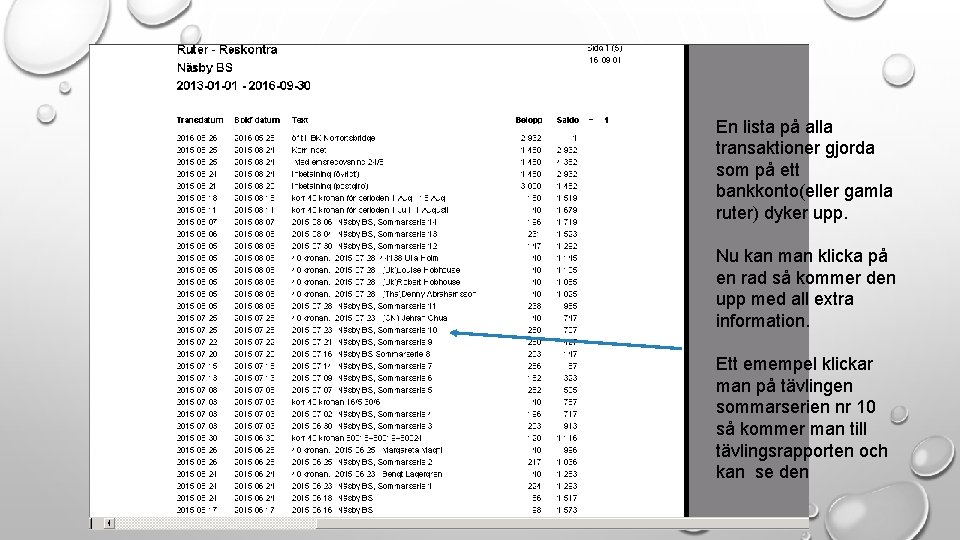 En lista på alla transaktioner gjorda som på ett bankkonto(eller gamla ruter) dyker upp.
