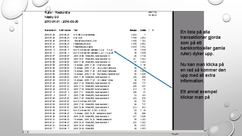 En lista på alla transaktioner gjorda som på ett bankkonto(eller gamla ruter) dyker upp.