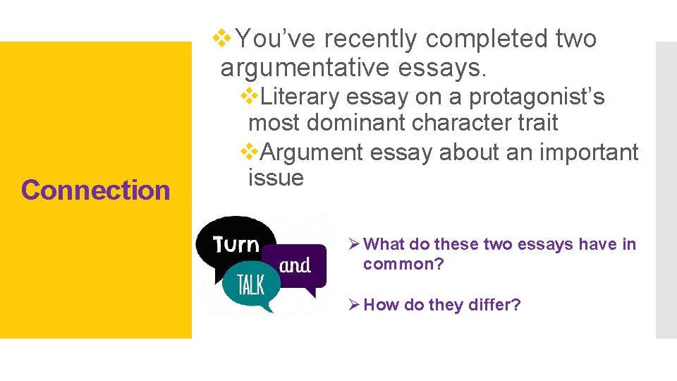 v. You’ve recently completed two argumentative essays. Connection v. Literary essay on a protagonist’s