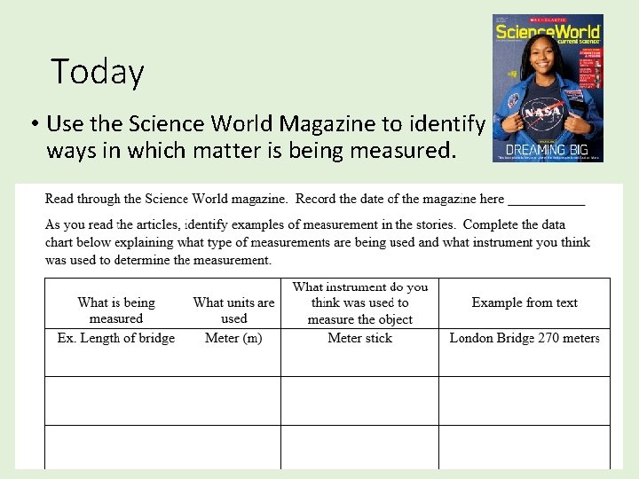 Today • Use the Science World Magazine to identify ways in which matter is