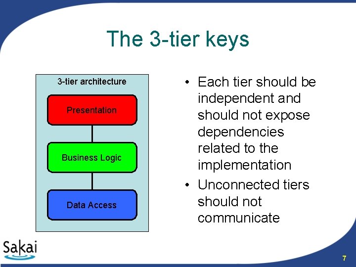 The 3 -tier keys 3 -tier architecture Presentation Business Logic Data Access • Each