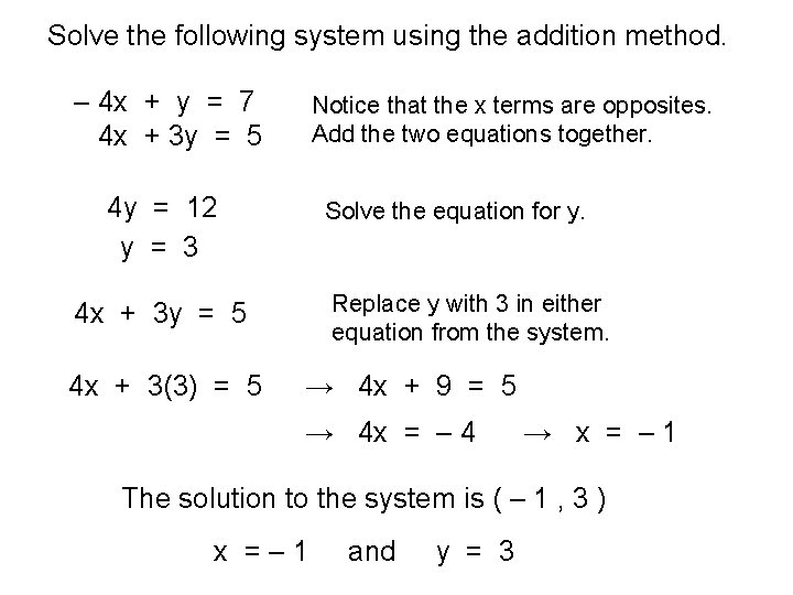 Solve the following system using the addition method. – 4 x + y =