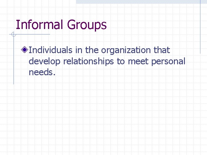 Informal Groups Individuals in the organization that develop relationships to meet personal needs. 