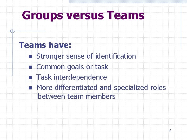 Groups versus Teams have: n n Stronger sense of identification Common goals or task