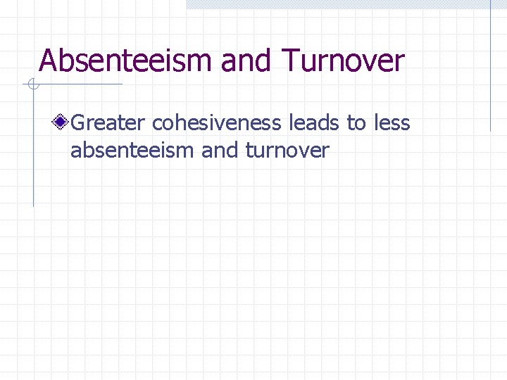 Absenteeism and Turnover Greater cohesiveness leads to less absenteeism and turnover 