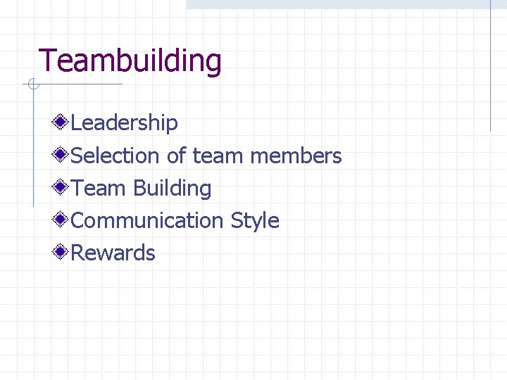 Teambuilding Leadership Selection of team members Team Building Communication Style Rewards 