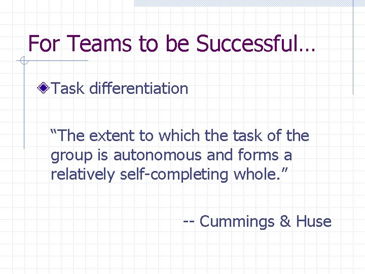 For Teams to be Successful… Task differentiation “The extent to which the task of