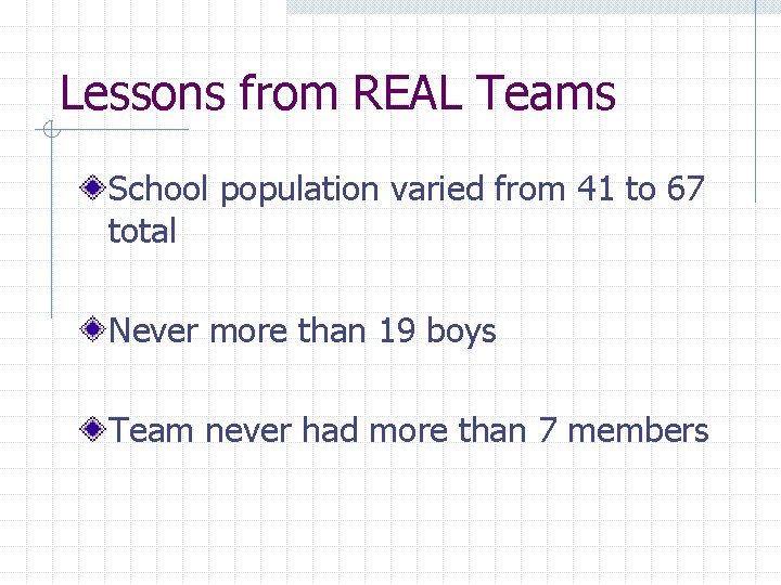 Lessons from REAL Teams School population varied from 41 to 67 total Never more