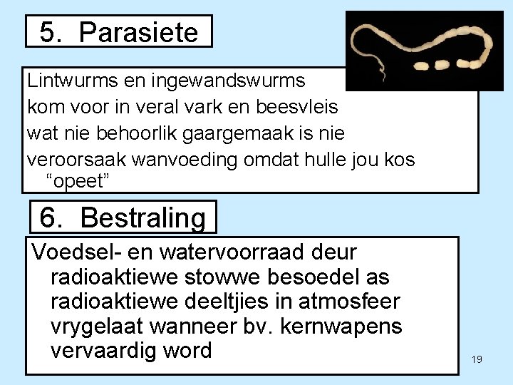 5. Parasiete Lintwurms en ingewandswurms kom voor in veral vark en beesvleis wat nie