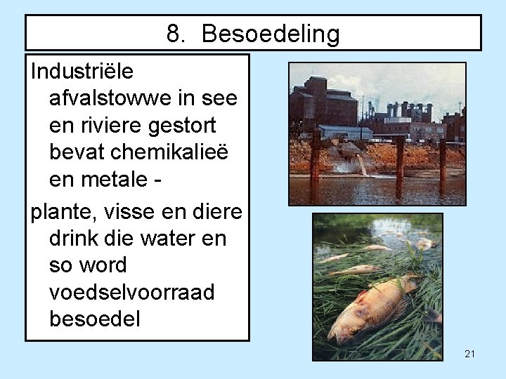 8. Besoedeling Industriële afvalstowwe in see en riviere gestort bevat chemikalieë en metale plante,