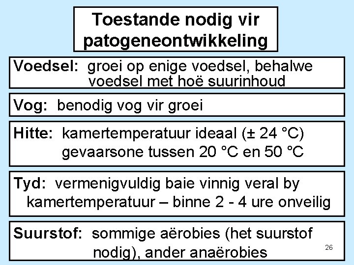 Toestande nodig vir patogeneontwikkeling Voedsel: groei op enige voedsel, behalwe voedsel met hoë suurinhoud