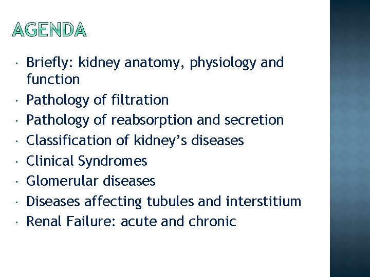 Briefly: kidney anatomy, physiology and function Pathology of filtration Pathology of reabsorption and