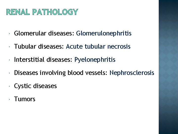 RENAL PATHOLOGY Glomerular diseases: Glomerulonephritis Tubular diseases: Acute tubular necrosis Interstitial diseases: Pyelonephritis Diseases