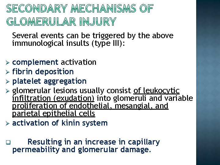 Several events can be triggered by the above immunological insults (type III): complement activation