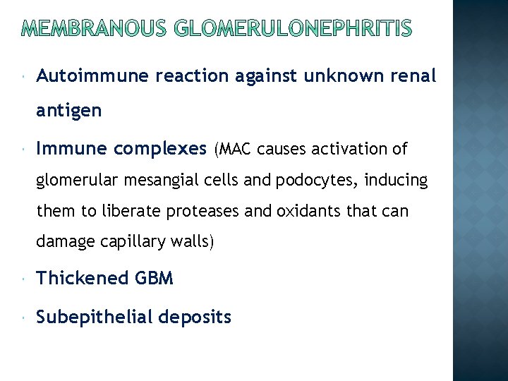 Autoimmune reaction against unknown renal antigen Immune complexes (MAC causes activation of glomerular