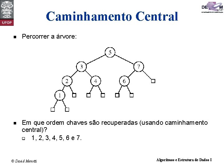 Caminhamento Central Percorrer a árvore: Em que ordem chaves são recuperadas (usando caminhamento central)?
