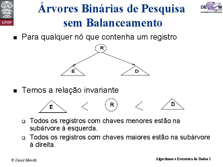 Árvores Binárias de Pesquisa sem Balanceamento Para qualquer nó que contenha um registro Temos