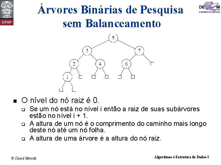 Árvores Binárias de Pesquisa sem Balanceamento O nível do nó raiz é 0. q