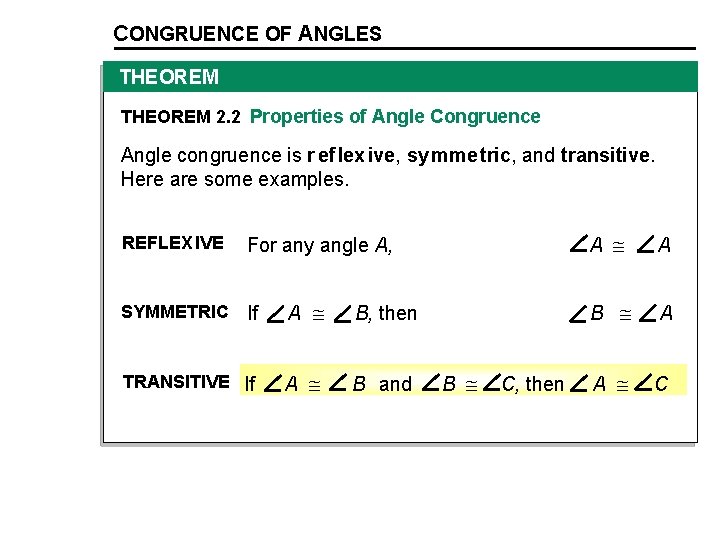 CONGRUENCE OF ANGLES THEOREM 2. 2 Properties of Angle Congruence Angle congruence is r