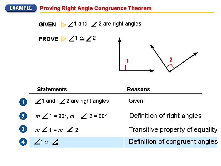 Proving Right Angle Congruence Theorem GIVEN 1 and PROVE 1 2 are right angles