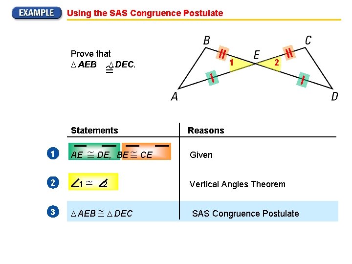 Using the SAS Congruence Postulate Prove that AEB DEC. Statements 1 2 3 AE