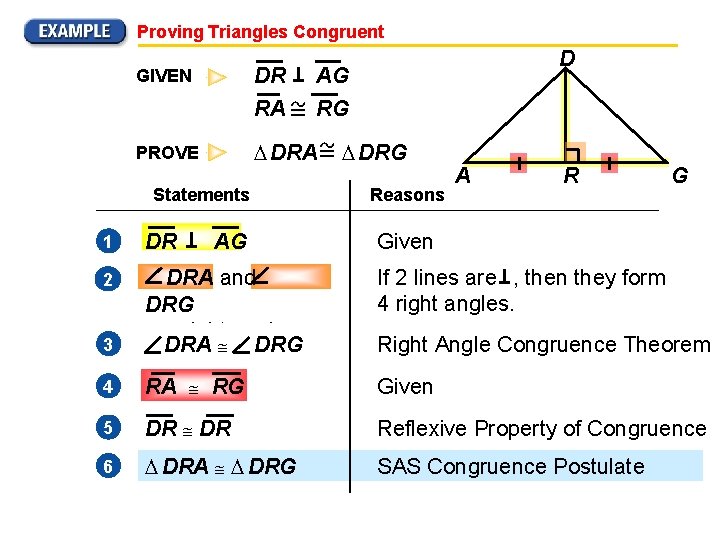 Proving Triangles Congruent GIVEN DR RA PROVE DRA Statements AG D AG RG DRG